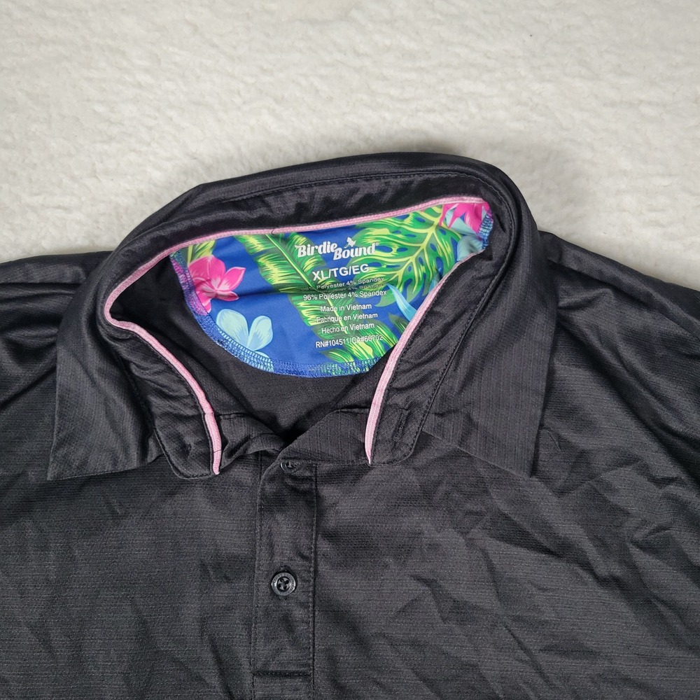 Birdie Bound Polo Shirt Mens XL Black Tropical Collar Performance Golf Stretch